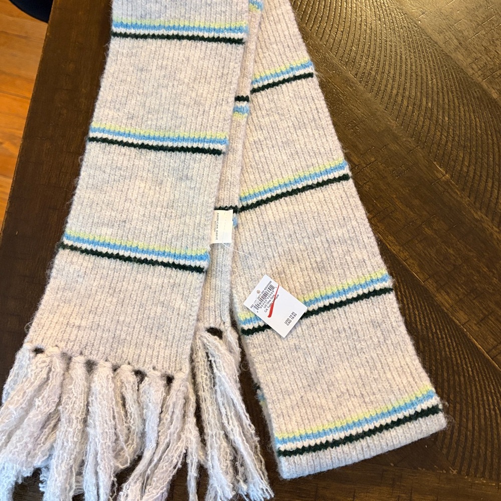 American Eagle NWT Gray Striped-light navy blue/white/green-Knit Scarf w/Fringe